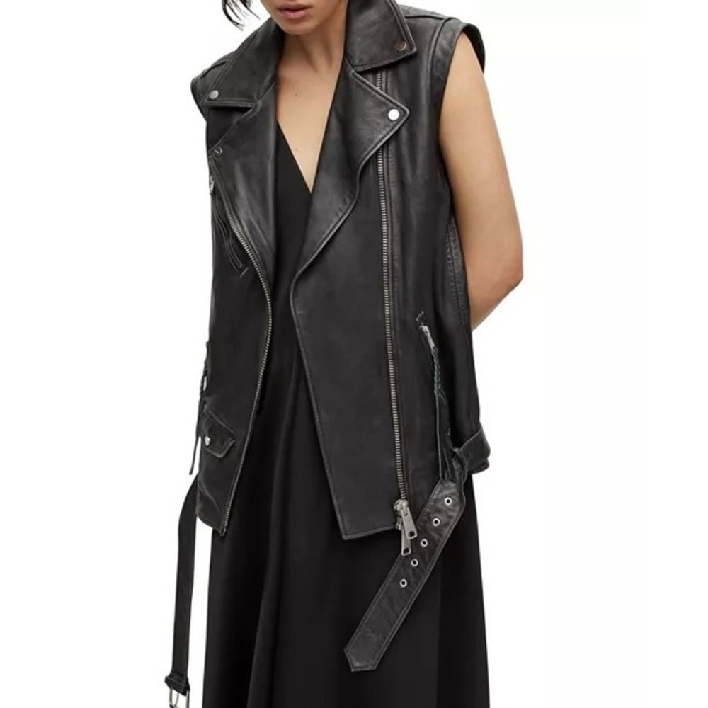 ALLSAINTS Billie Vintage Gilet Leather Biker Vest Women S Black Distressed Black